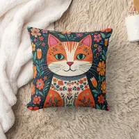 Whimsical Folk Art Cat and Flowers Throw Pillow