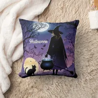 A witch brews potions under the full moon throw pillow