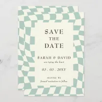 Retro Groovy Green Checkerboard Wedding Save The Date