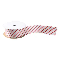 Red and White Candy Cane Diagonal Stripe Patterned Satin Ribbon