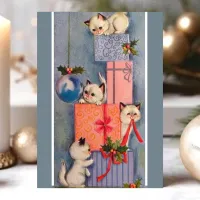 Vintage Christmas Kittens Playing On Gifts Holiday Postcard