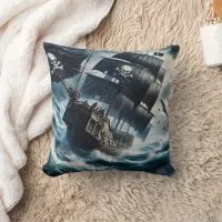 Pirate Ship Navigating Rough Seas at Dusk Throw Pillow