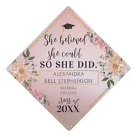 Girly Blush Pink Glitter Floral Motivational Quote Graduation Cap Topper