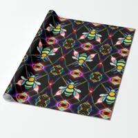 Vibrant Neon Honeybee with Abstract Hexagonal  Wrapping Paper