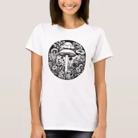 Black and White Retro Mushrooms and Flowers T-Shirt