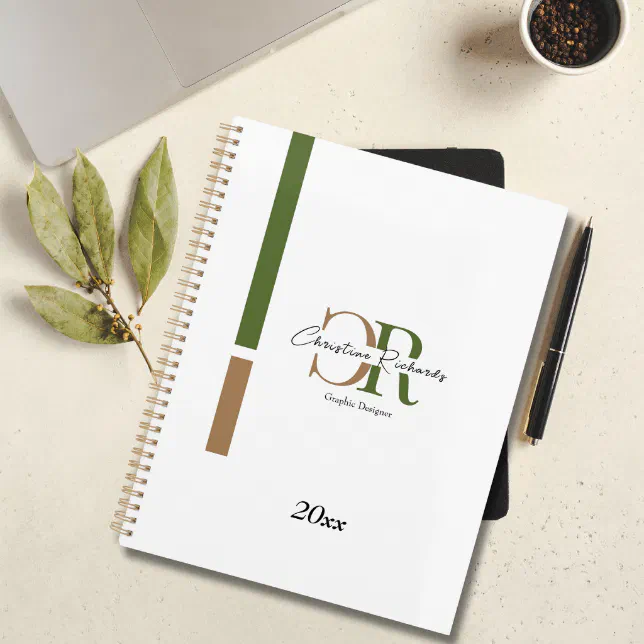Simple Modern Olive Green Gold Monogram Planner