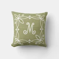 Cute Hand Drawn Wreath Monogram Olive Faux Burlap Throw Pillow