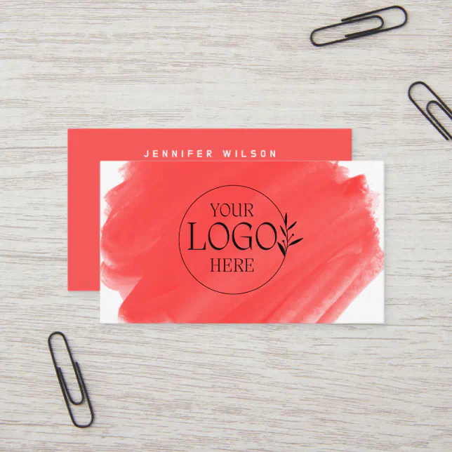 Red watercolor brushstroke upload your logo business card