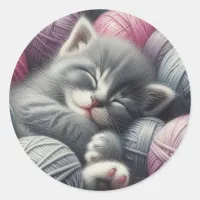 Cute Gray and White Kitten Napping in Yarn Classic Round Sticker