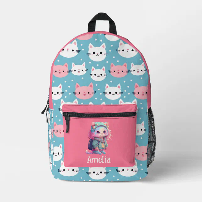 Cute White & Pink Cat Pattern Backpack