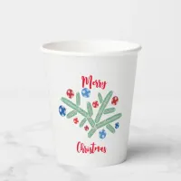 Christmas tree branch with snowflake decorations paper cups