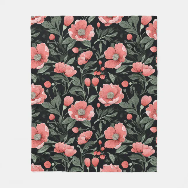 Floral Pattern Green Oak Leaves and Pink Flowers  Fleece Blanket