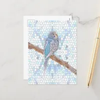 Cute blue budgie on mosaic background, custom   postcard