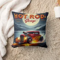 Racing through a moonlit landscape in a hot rod throw pillow