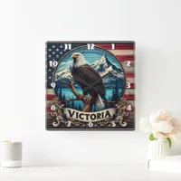 American Eagle Perched by Mountains in Victoria Square Wall Clock