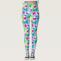 Watercolor Flowers Green, Pink and Blue Leggings