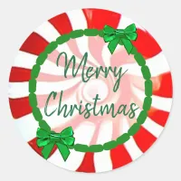 Merry Christmas White, Red Green Peppermint Candy Classic Round Sticker