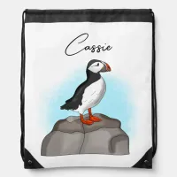 Personalized Cute Hand drawn Puffin Drawstring Bag