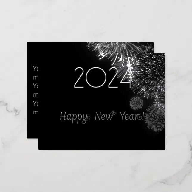 Black and white fireworks - happy new year 2024 foil holiday postcard