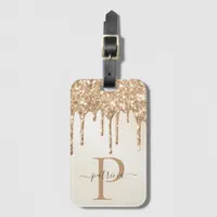 Glam Gold Glitter Drips Elegant Monogram  Luggage Tag