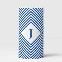 Blue Radiating Rhombuses with Central Monogram Pillar Candle