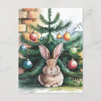 Adorable Christmas Rabbit Under the Tree Postcard