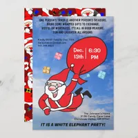 Flying Santa Blue Sky White Elephant Party Invitation