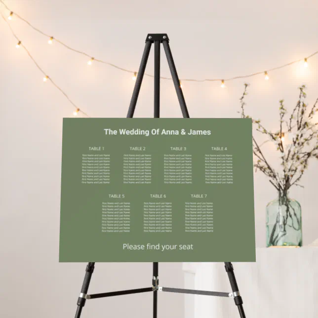 Modern Sage Green 7 Table Seating Chart Foam Board