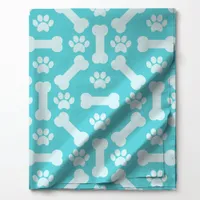 Teal and White Dog Bones and Paw Prints Pattern Fabric