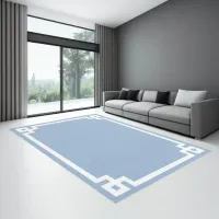 Powder Blue and White Greek Key Border Rug