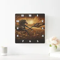 Galloping Horse Through Golden Fields at Sunset Square Wall Clock