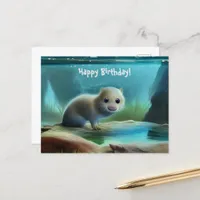 Cute baby otter in pond - personalizable birthday postcard