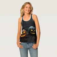 Festive Halloween Pumpkins and Floral Pattern Tank Top