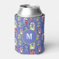 Summer Blue Seaside Beach Huts Print Monogram Can Cooler