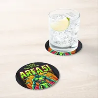 Eerie Aliens Wander Near Area 51 Under Neon Skies Round Paper Coaster