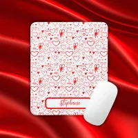 Name Monogram with red hearts on white | Mouse Pad