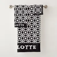 Love Heart Tile Pattern Black And White Name Bath Towel Set