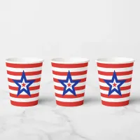 Modern Tri-Colored Star on Red/White Striped Paper Cups