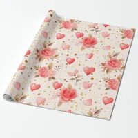 Valentine's Pink Watercolor Roses and Hearts  Wrapping Paper