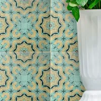 Ethnic Teal Brown Black Geometric Dotted Details Ceramic Tile