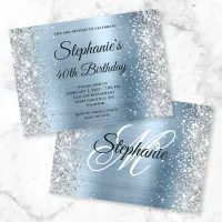 Silver Glitter Light Blue Monogram 40th Birthday Invitation