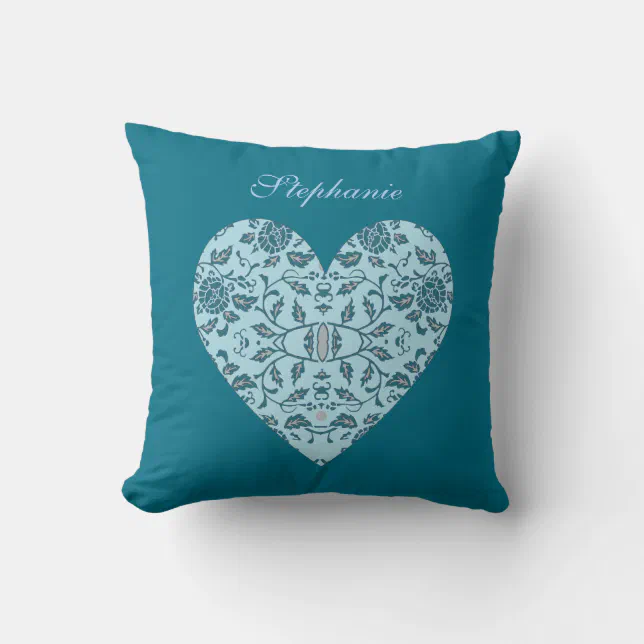 Elegant Flowery Teal Damask Heart Throw Pillow