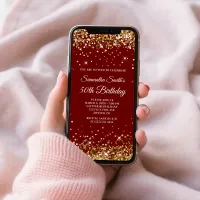 Gold Glitter Dark Red 50th Birthday Invitation