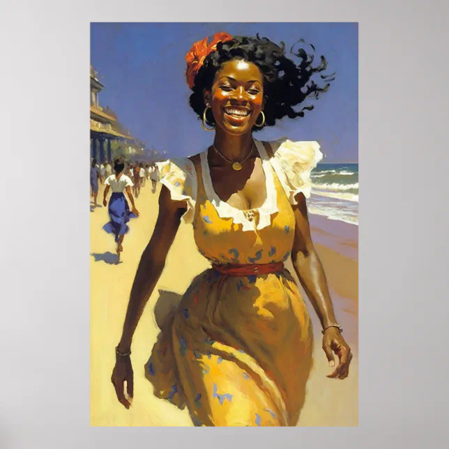 Smiling Woman Walking Along Shore on a Sunny Day Poster