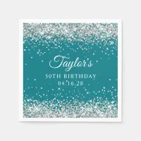 Silver Glitter Dark Turquoise 50th Birthday Napkins