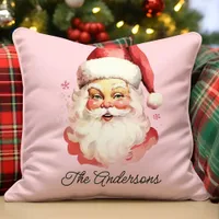 Retro Vintage Santa Claus Pink Christmas Throw Pillow