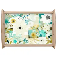 Pretty Folk Art White and Turquoise Flowers   Serving Tray
