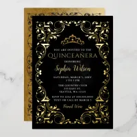 Vintage Black Gold Princess Tiara Quinceañera Foil Invitation