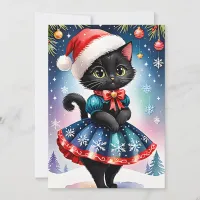 Black Cat in Blue Skater Skirt Flat Holiday Card