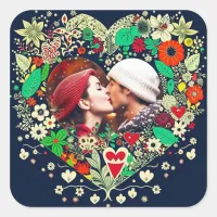 Personalized Floral Heart Frame Romantic Gift Square Sticker